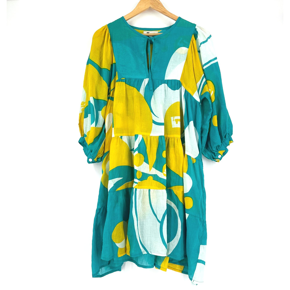 Karni Tiered Dress Medium Yellow/Blue Resort Boho Chic Summer Cotton Lightweight